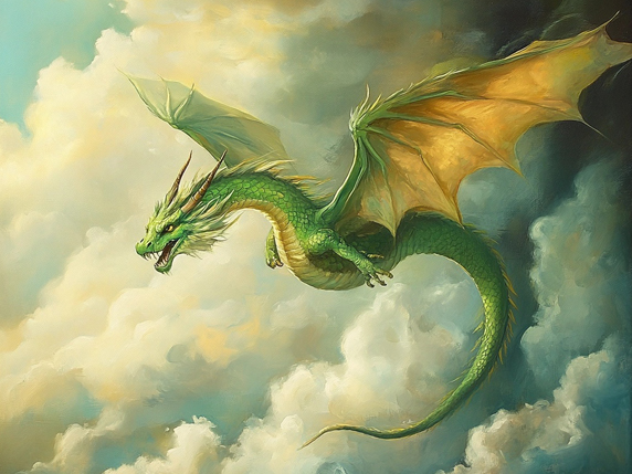 Green Dragon flying in the clouds